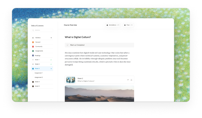 Course reader preview showing table of contents and lesson content