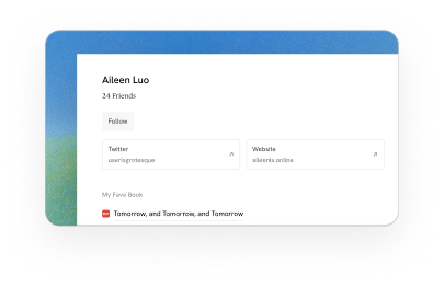 Profile bookshelf with follow button and social links
