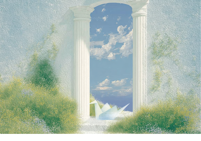 Open doorway in a painted landscape
