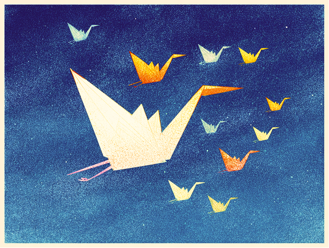 Origami crane in flight